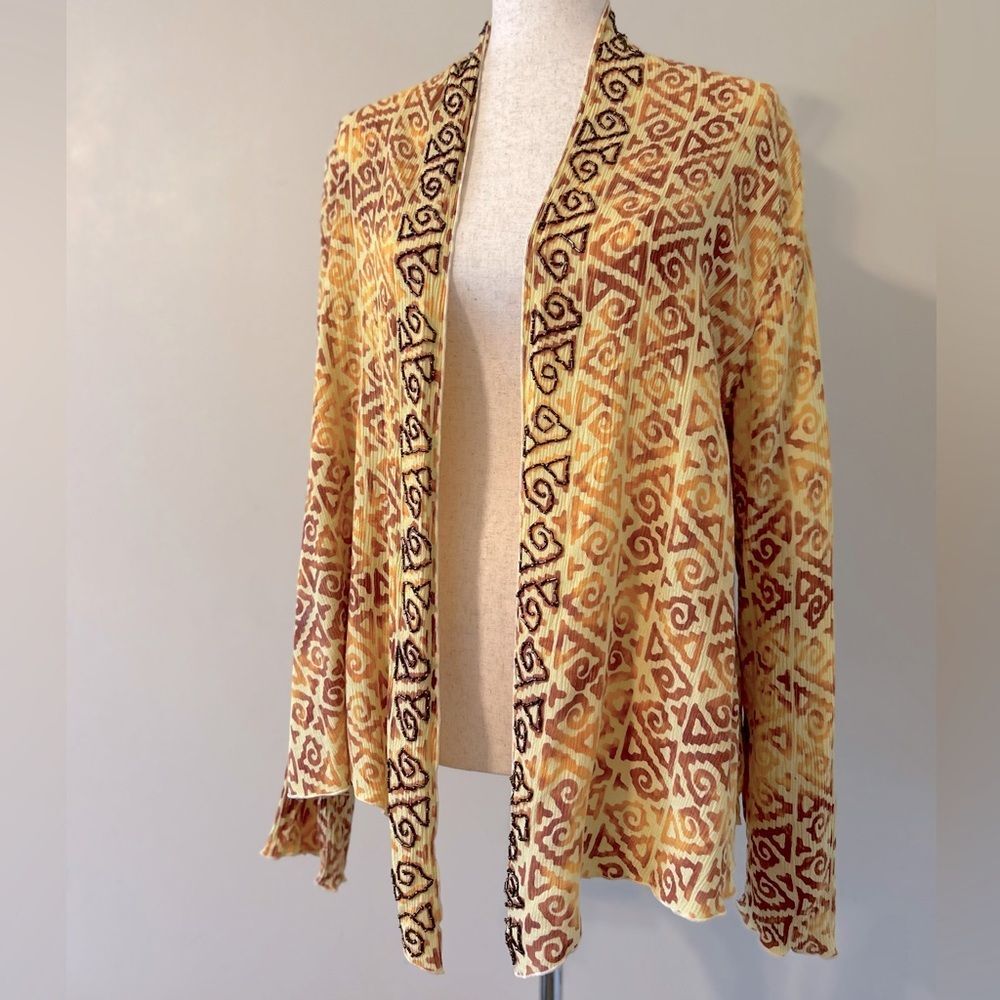 Soft Surroundings Open Front Blouse Aztec Beaded Cardigan Topper Crinkle Size M